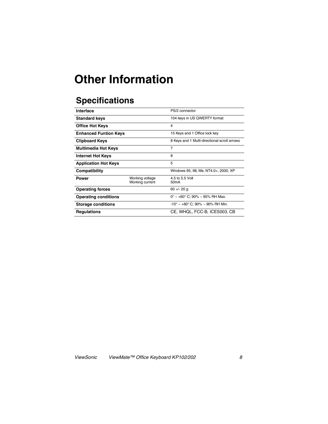 ViewSonic KP102, KP202 manual Other Information, Specifications 