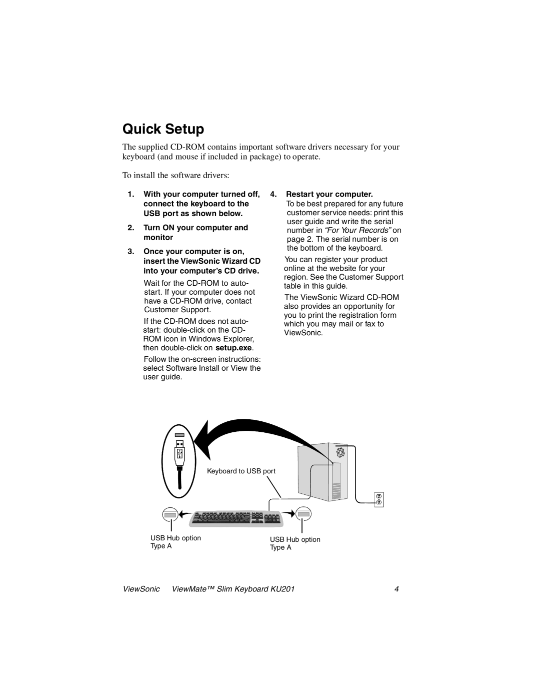 ViewSonic KU201 manual Quick Setup, Restart your computer 