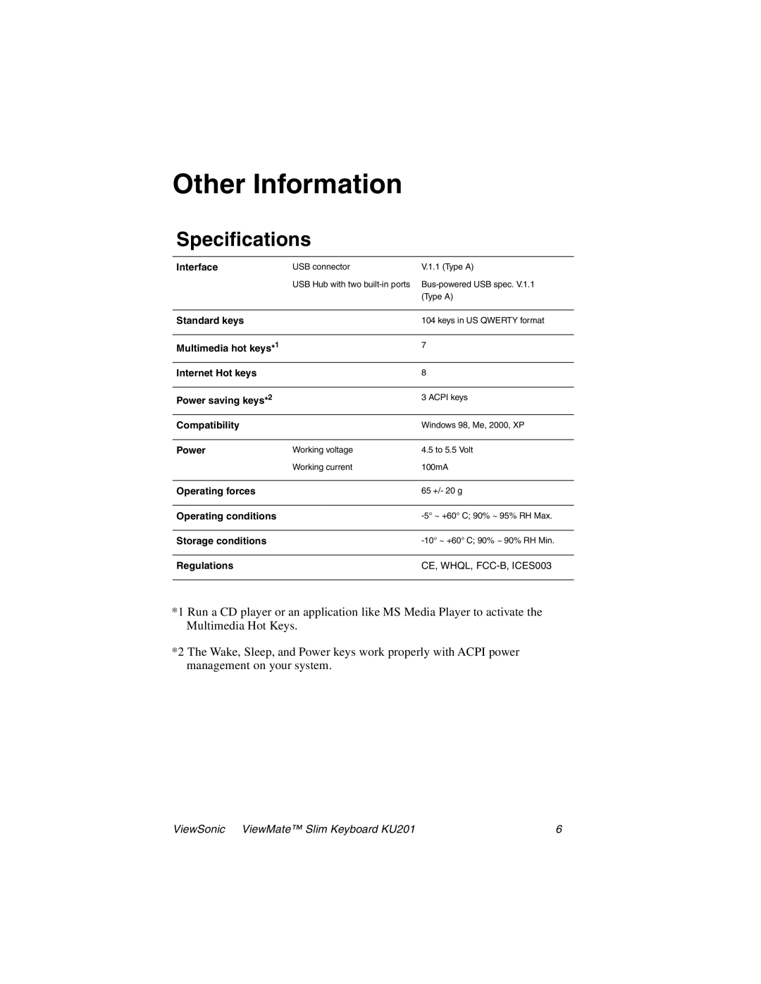 ViewSonic KU201 manual Other Information, Specifications 