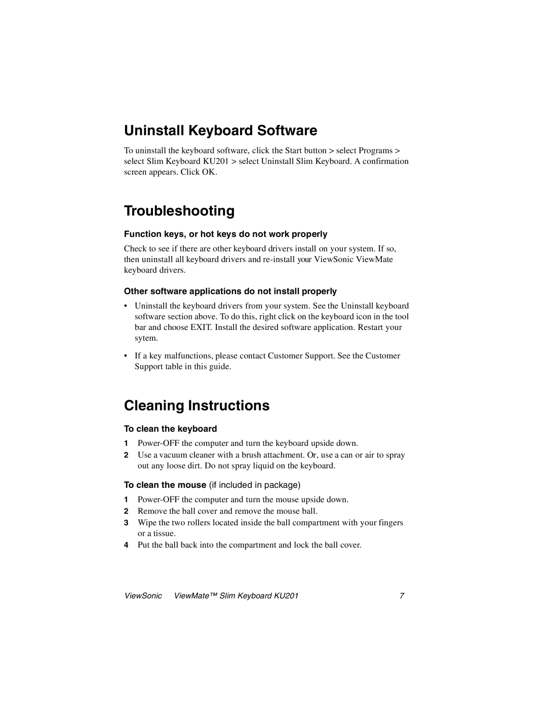 ViewSonic KU201 manual Uninstall Keyboard Software, Troubleshooting, Cleaning Instructions 