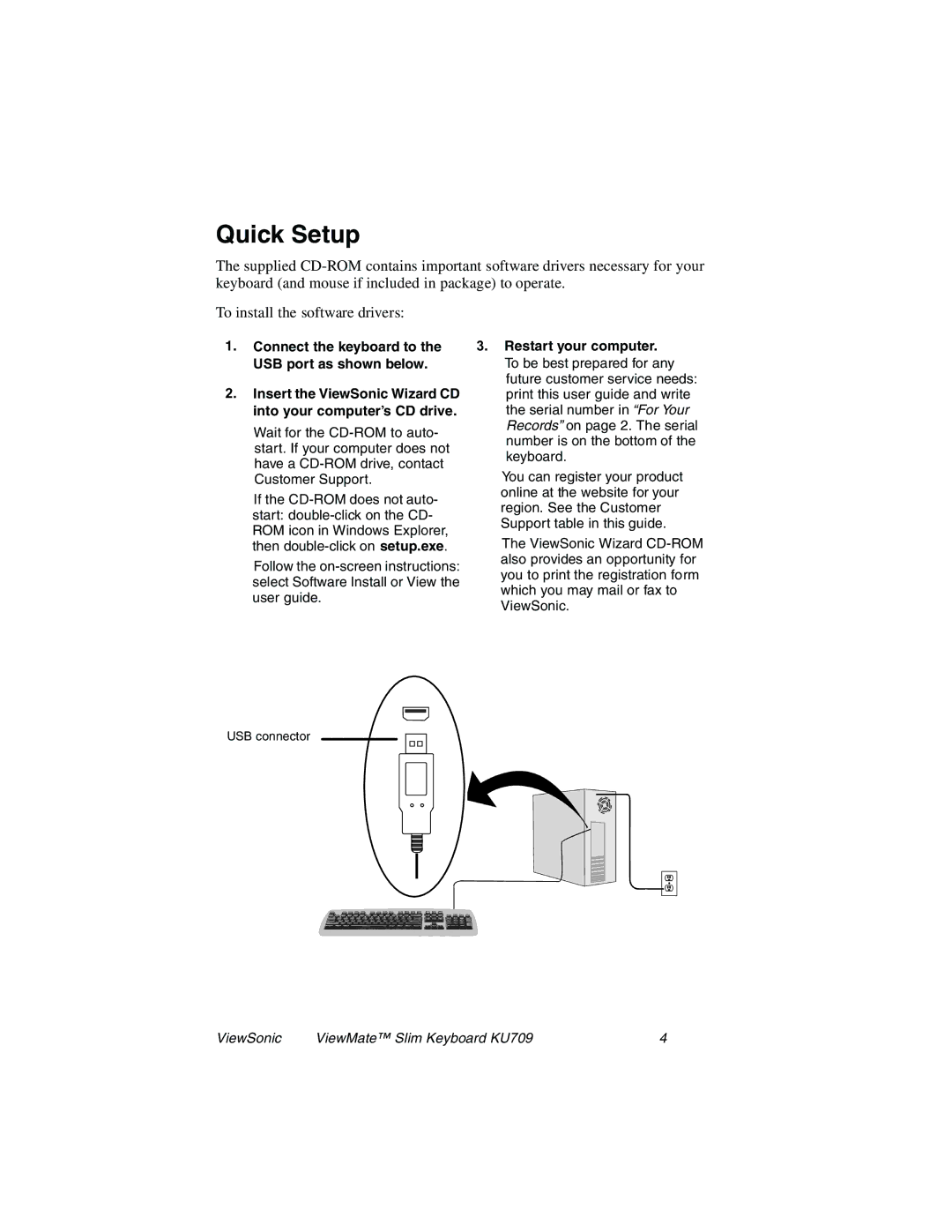 ViewSonic KU709 manual Quick Setup, Into your computer’s CD drive 