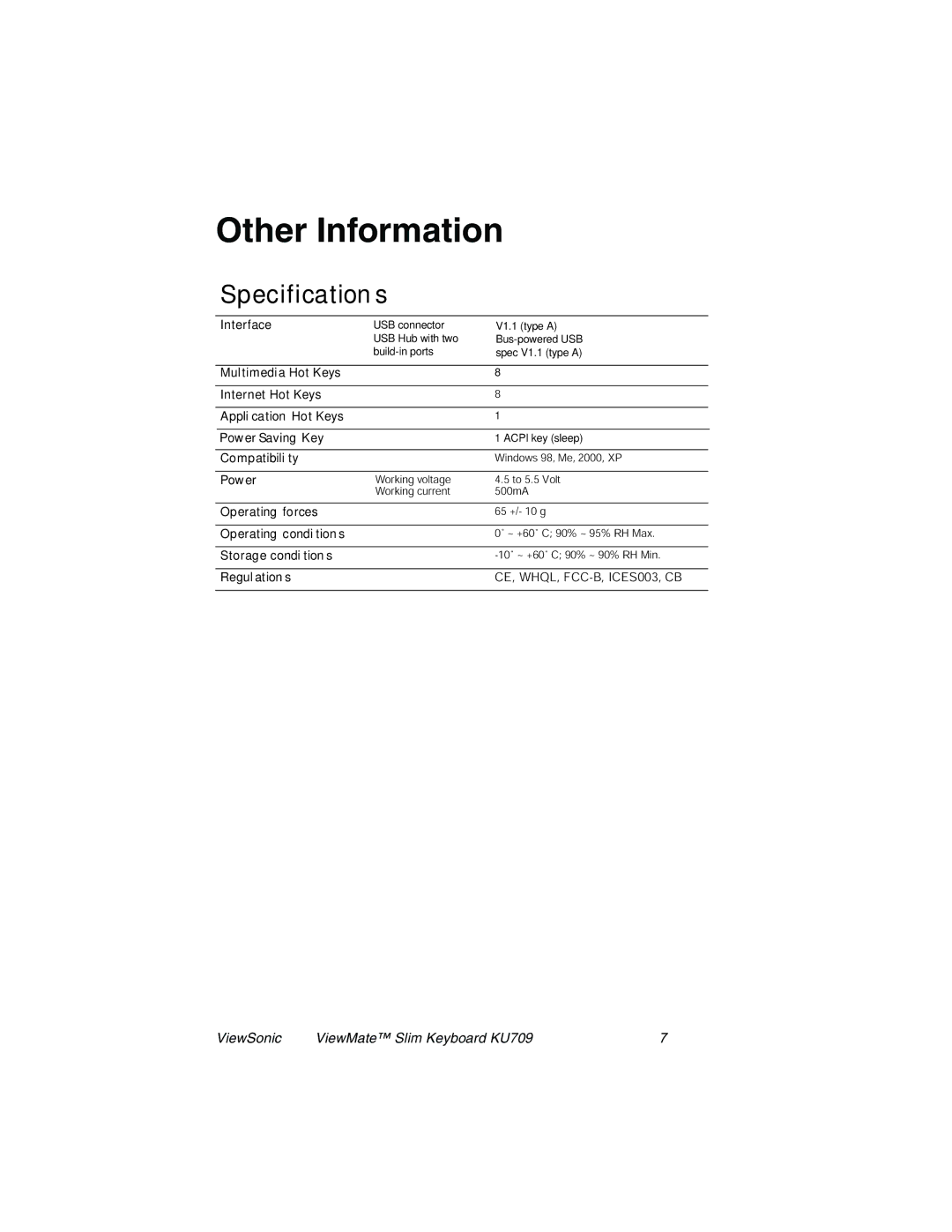 ViewSonic KU709 manual Other Information, Specifications 