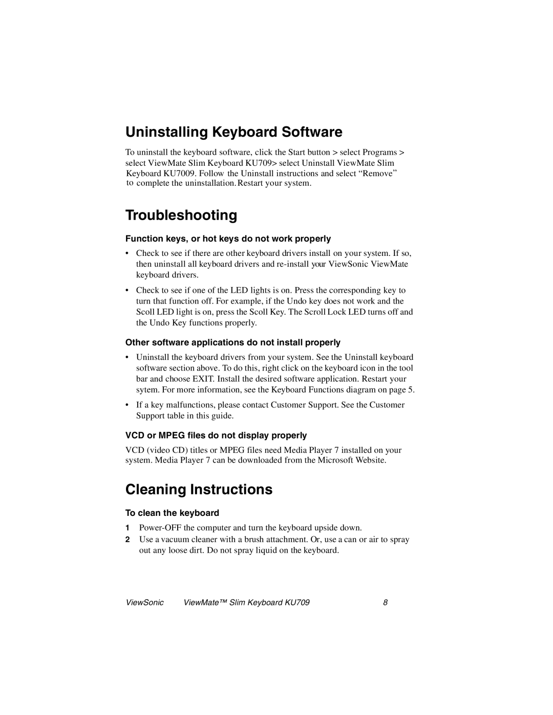 ViewSonic KU709 manual Uninstalling Keyboard Software, Troubleshooting, Cleaning Instructions 