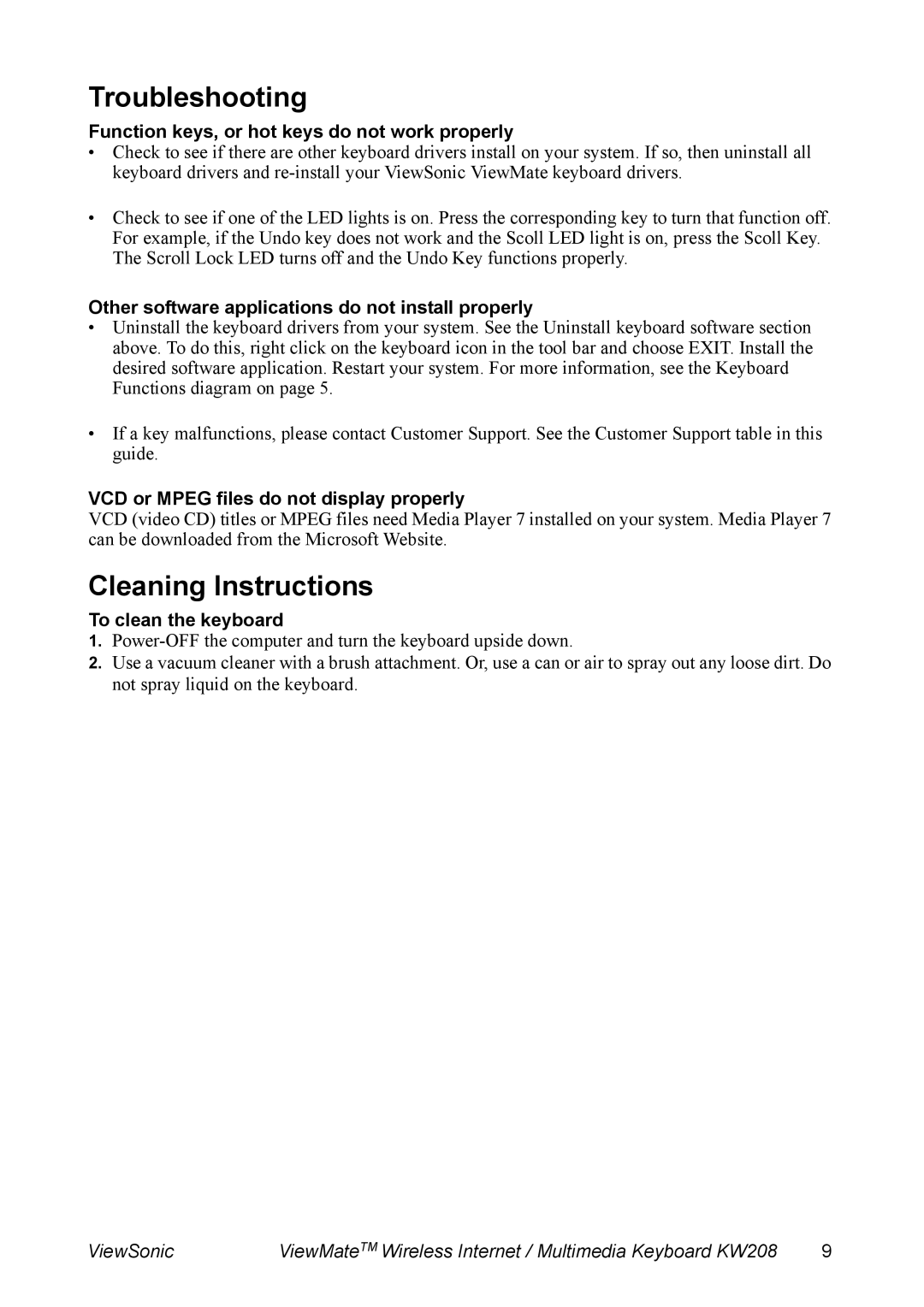 ViewSonic KW208 manual Troubleshooting, Cleaning Instructions 