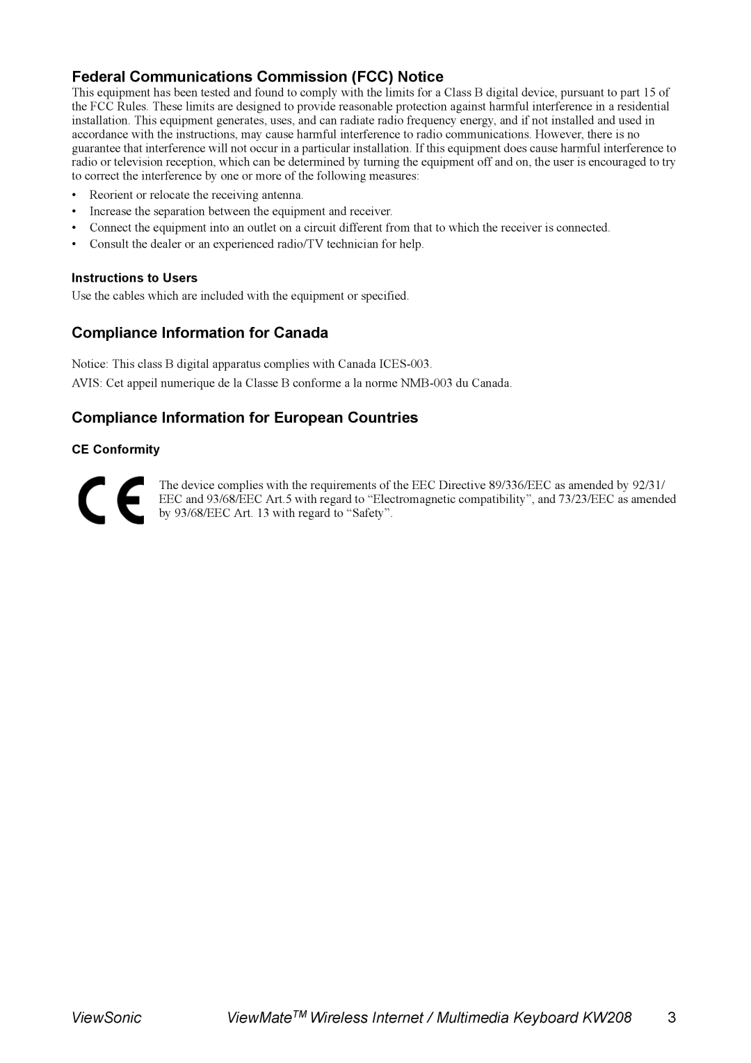 ViewSonic KW208 manual Federal Communications Commission FCC Notice, Compliance Information for Canada 