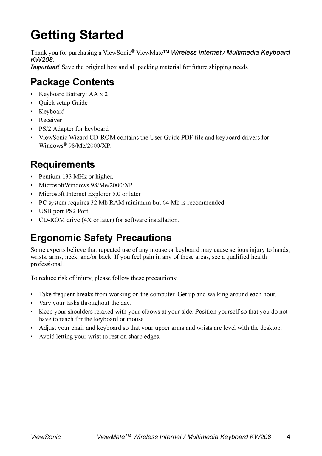 ViewSonic KW208 manual Package Contents, Requirements, Ergonomic Safety Precautions 