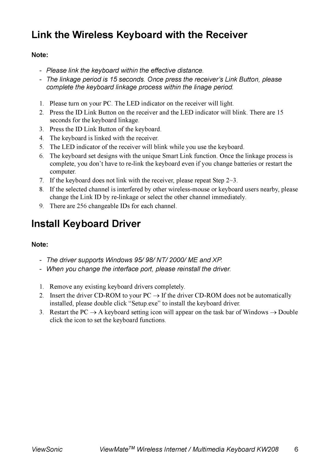 ViewSonic KW208 manual Link the Wireless Keyboard with the Receiver, Install Keyboard Driver 
