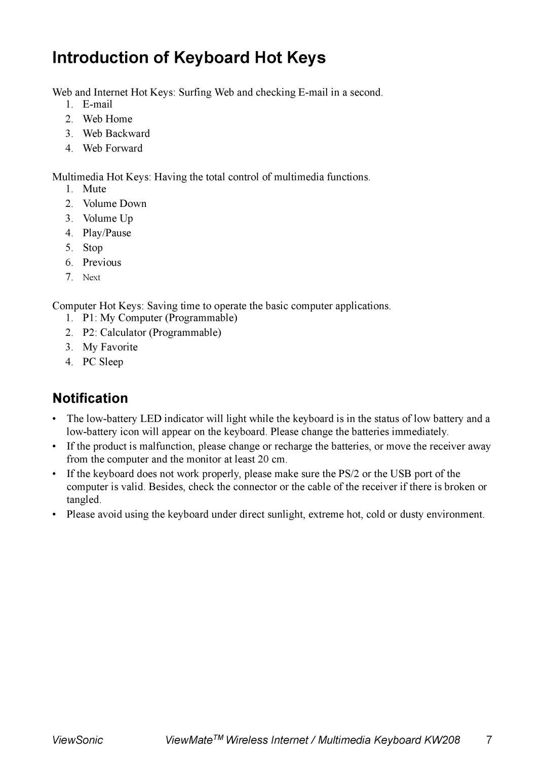 ViewSonic KW208 manual Introduction of Keyboard Hot Keys, Notification 