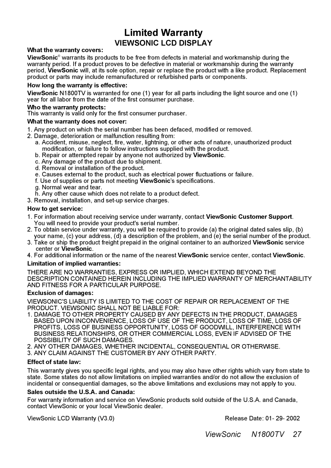 ViewSonic LCDTV manual Limited Warranty, Viewsonic LCD Display 