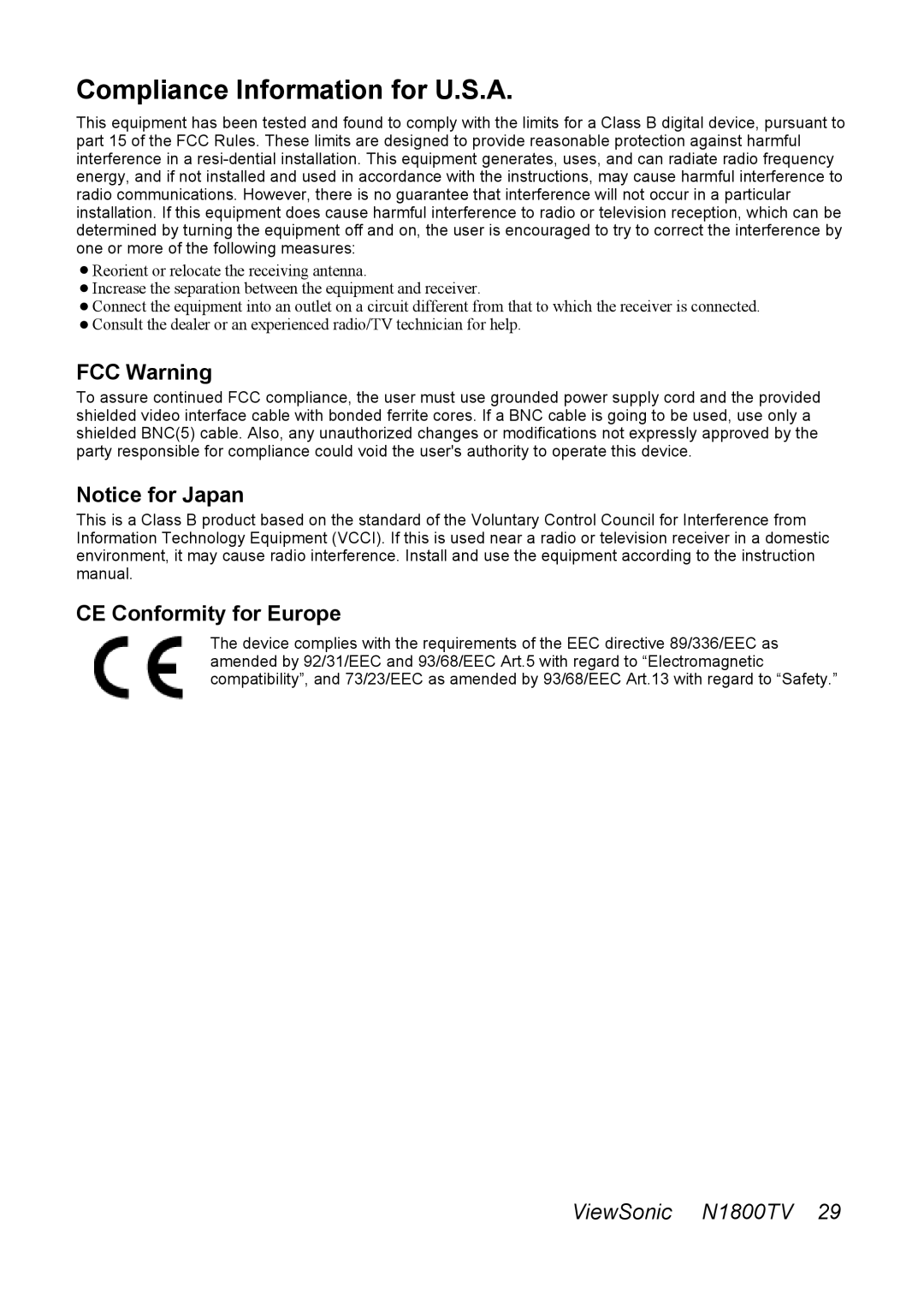 ViewSonic LCDTV manual Compliance Information for U.S.A, FCC Warning 