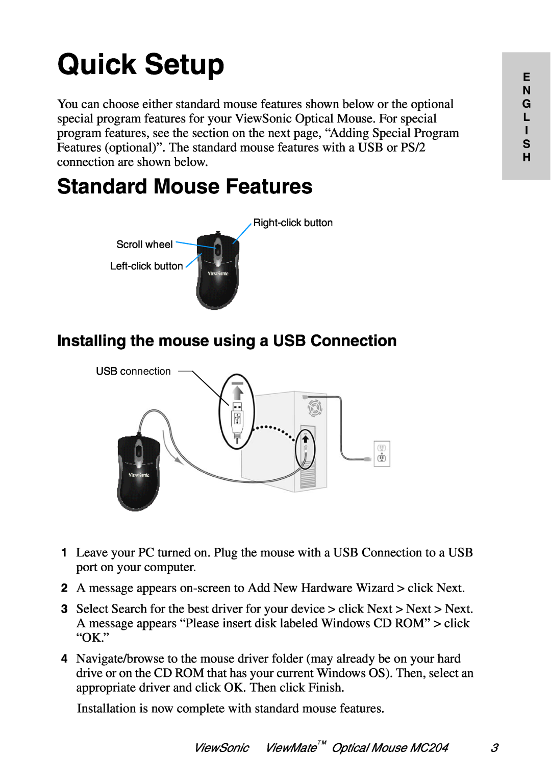 ViewSonic MC204 manual Quick Setup, Standard Mouse Features, Installing the mouse using a USB Connection 