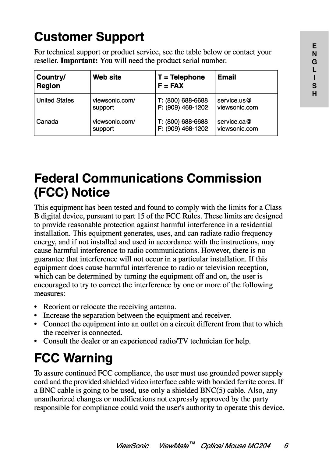 ViewSonic MC204 manual Customer Support, Federal Communications Commission FCC Notice, FCC Warning 