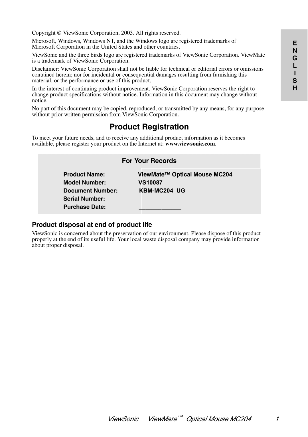 ViewSonic MC204 manual Product Registration 