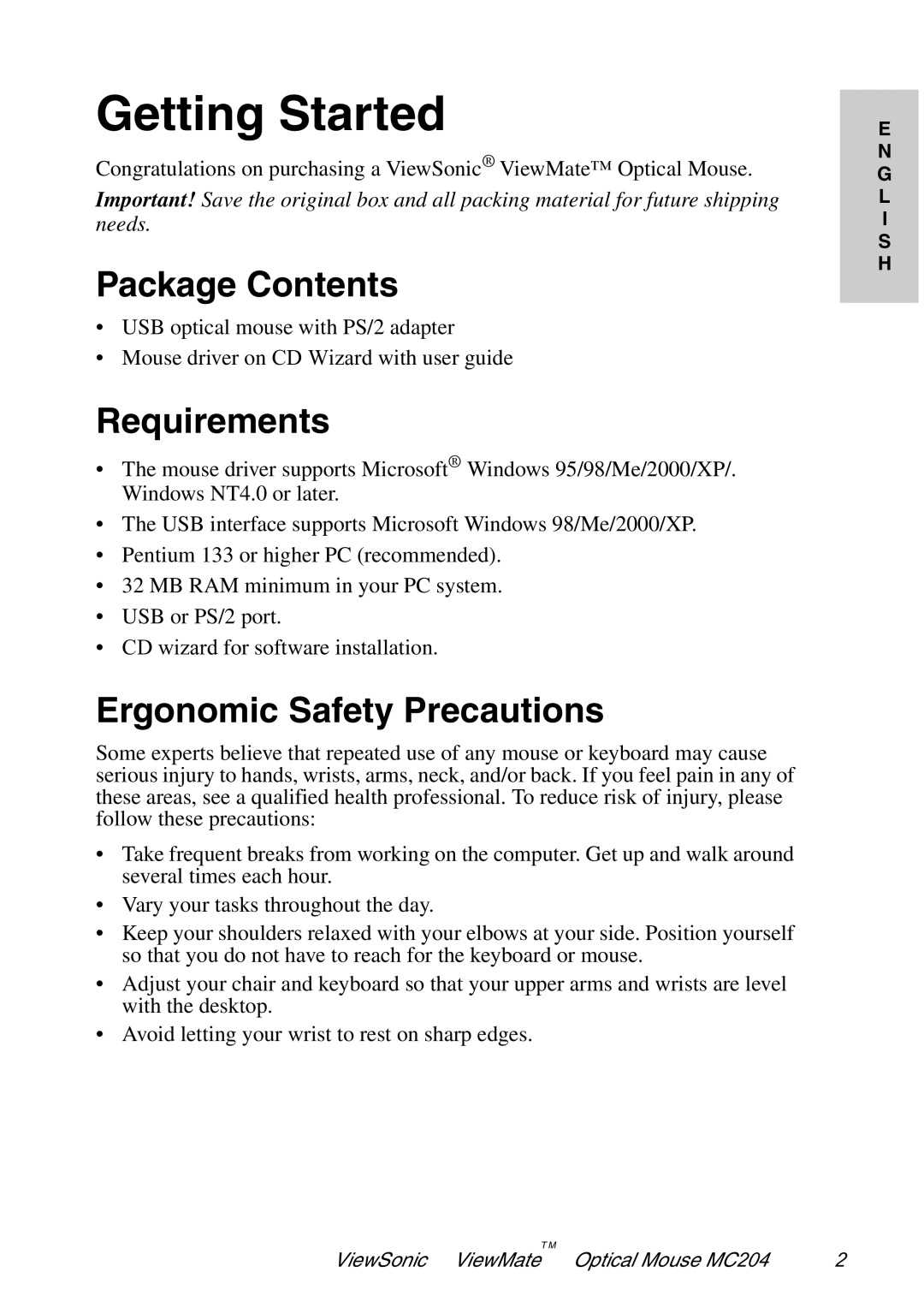 ViewSonic MC204 manual Package Contents, Requirements, Ergonomic Safety Precautions 