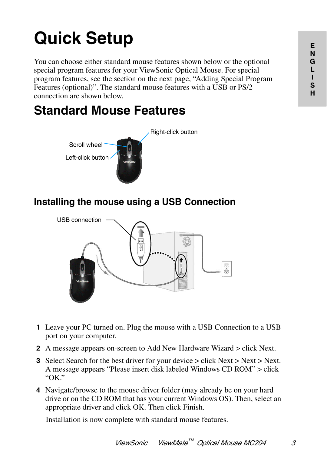 ViewSonic MC204 manual Quick Setup, Standard Mouse Features 