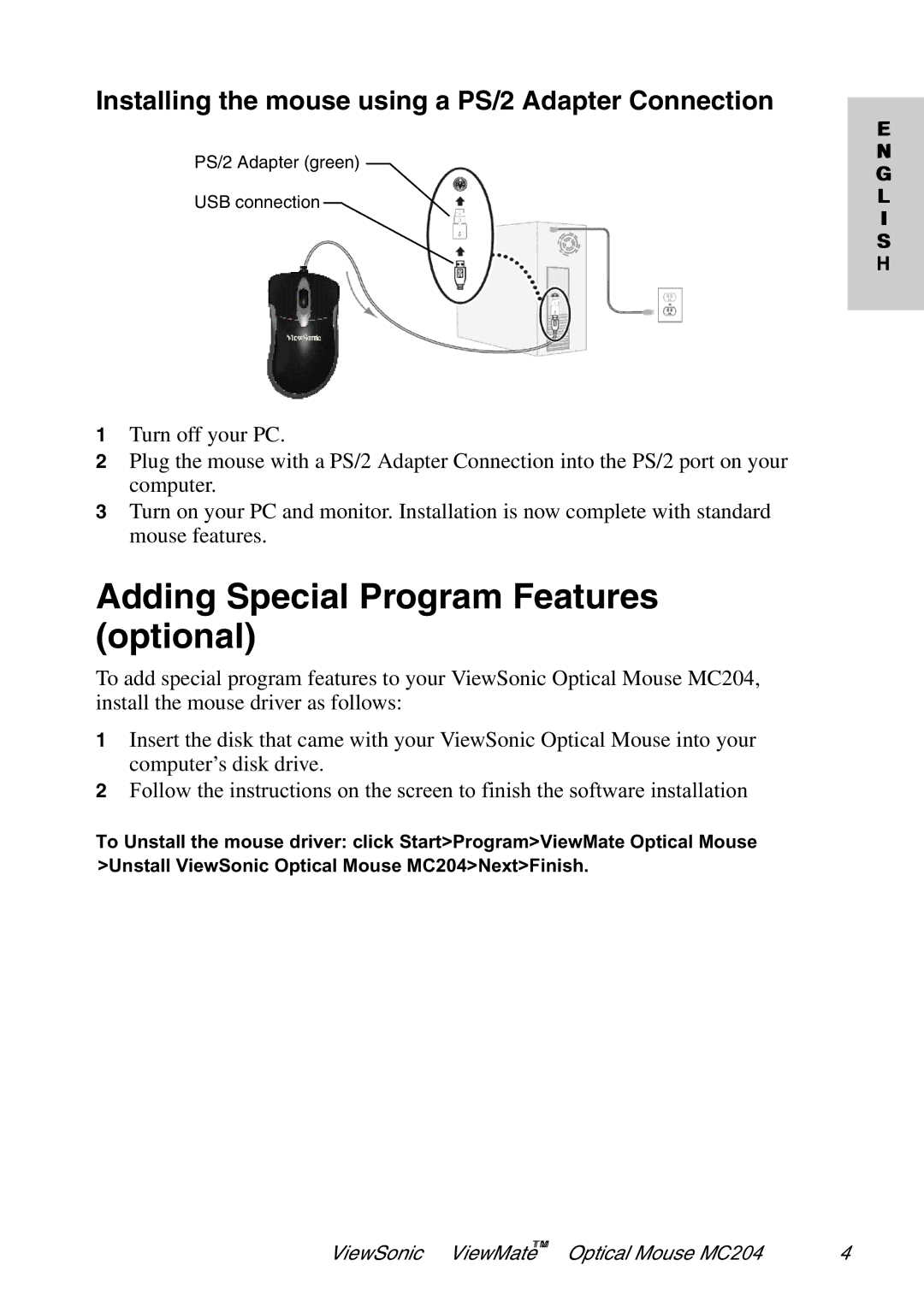 ViewSonic MC204 manual Adding Special Program Features optional, Installing the mouse using a PS/2 Adapter Connection 