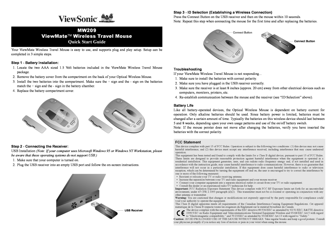 ViewSonic MW209 ViewMateTM Wireless Travel Mouse, Quick Start Guide, Battery Installation, Connecting the Receiver 