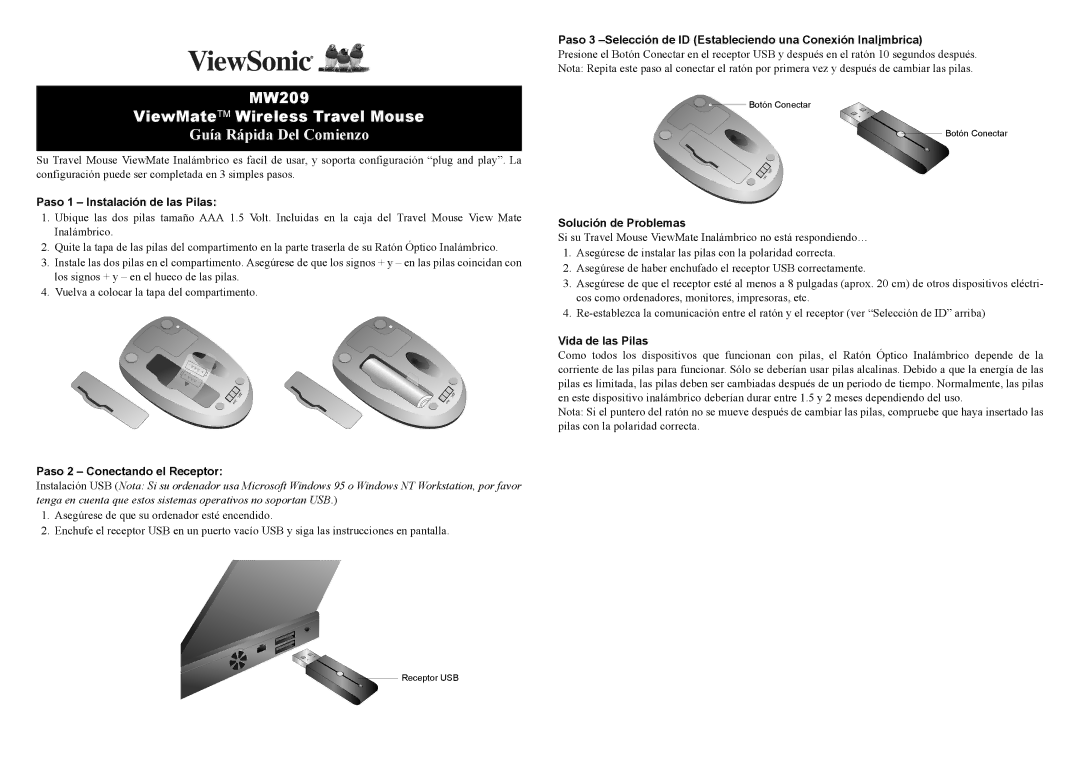 ViewSonic MW209 quick start Guía Rápida Del Comienzo, Paso 1 Instalación de las Pilas, Paso 2 Conectando el Receptor 