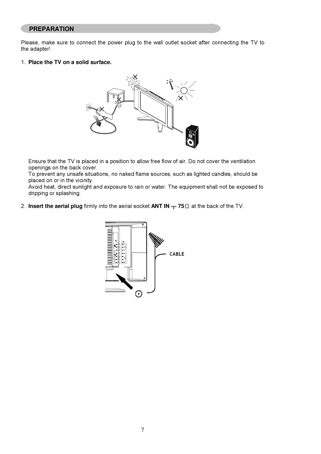 ViewSonic N1750w manual Preparation, Place the TV on a solid surface 