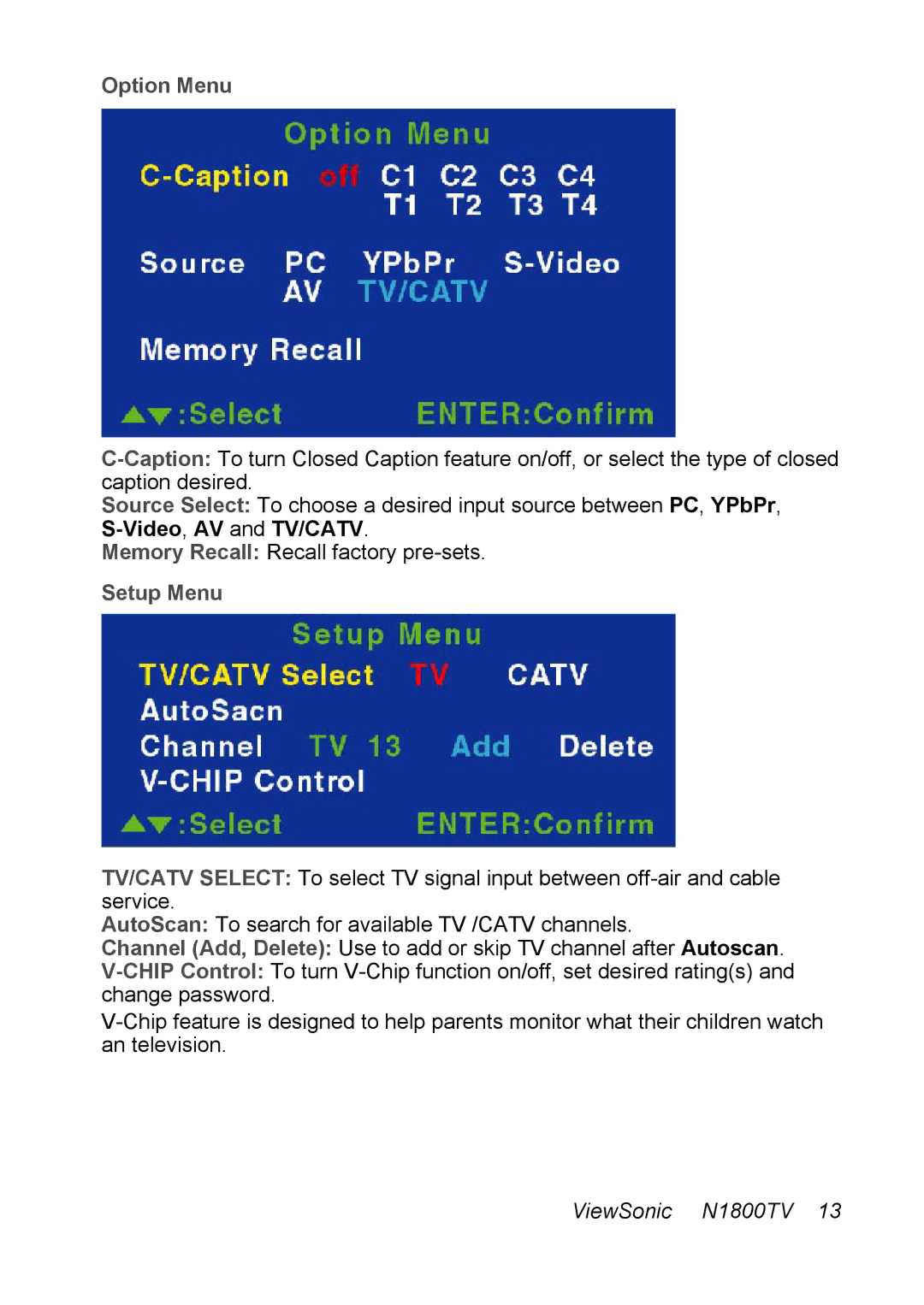 ViewSonic N1800TV manual Option Menu 