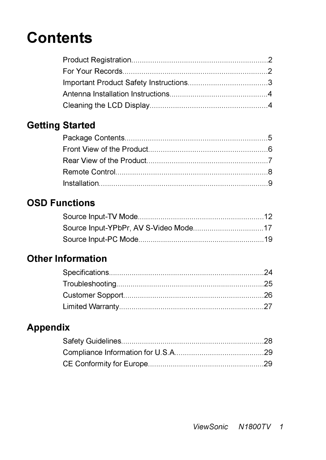 ViewSonic N1800TV manual Contents 