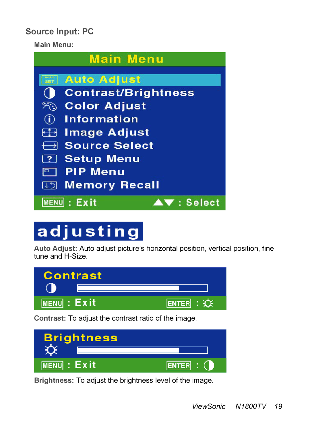 ViewSonic N1800TV manual Source Input PC 
