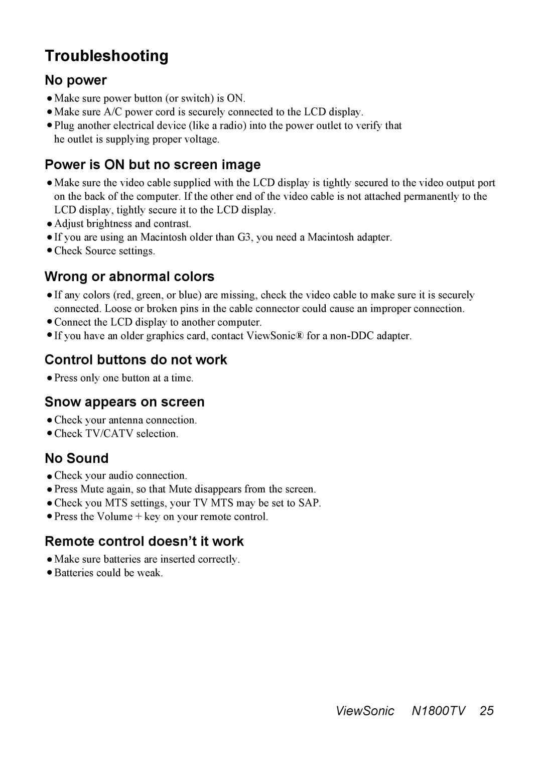 ViewSonic N1800TV manual Troubleshooting 