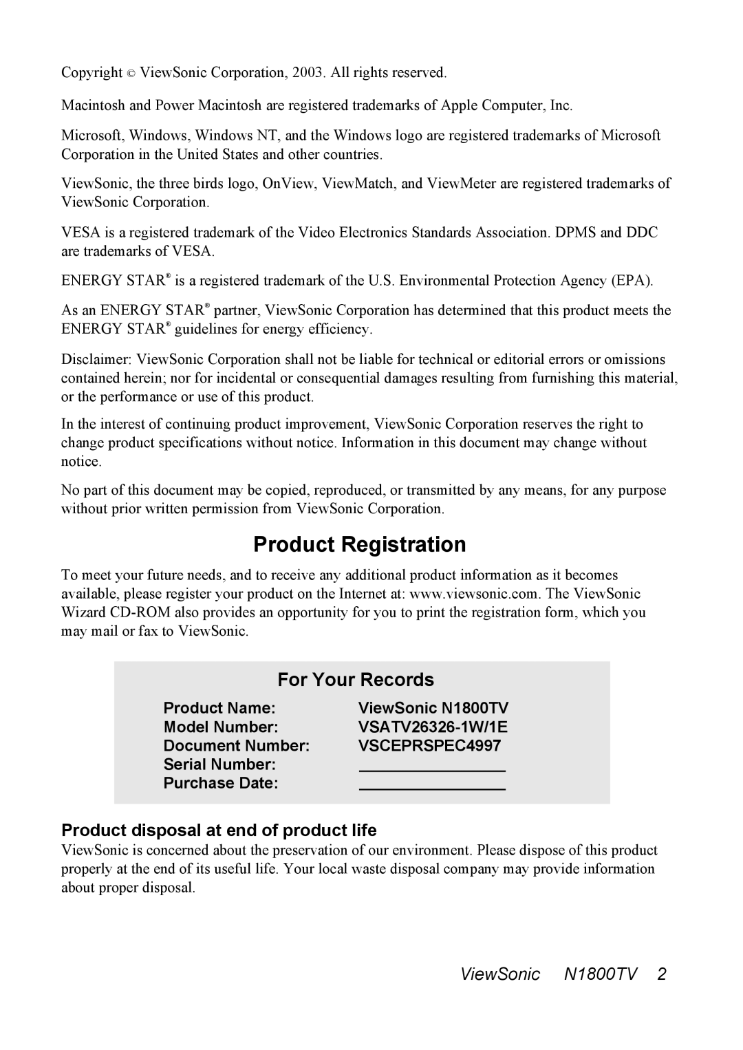 ViewSonic N1800TV manual Product Registration, For Your Records 