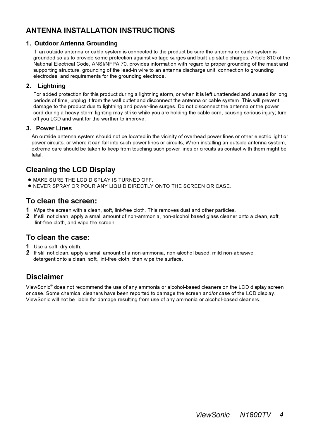 ViewSonic N1800TV manual Antenna Installation Instructions 