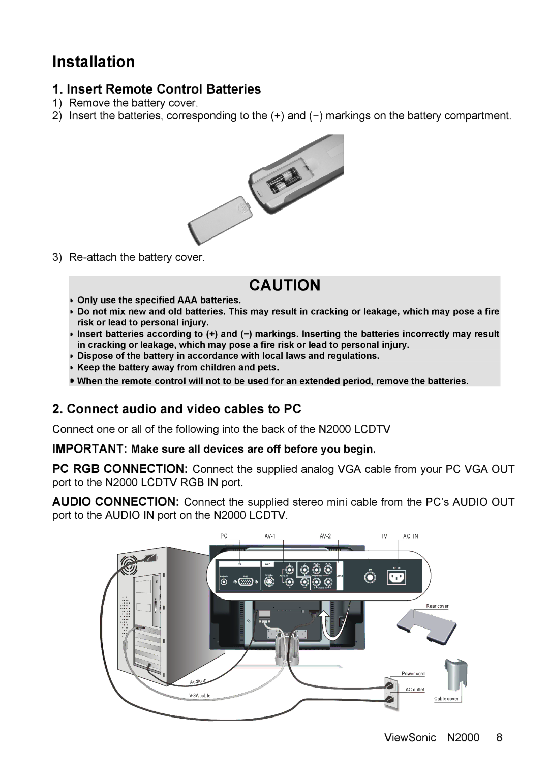 ViewSonic N2000 manual Installation, Insert Remote Control Batteries, Connect audio and video cables to PC 