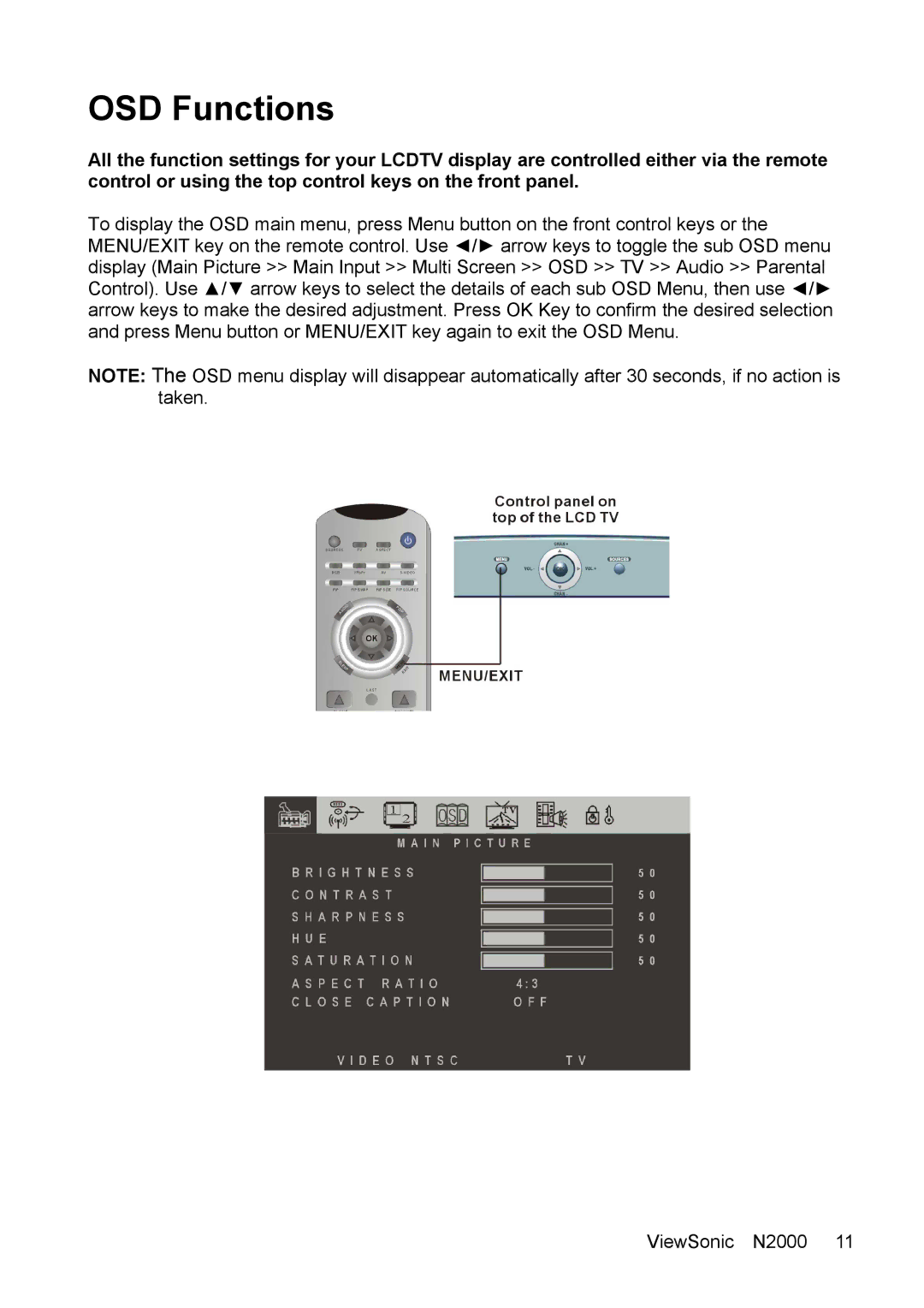 ViewSonic N2000 manual OSD Functions 