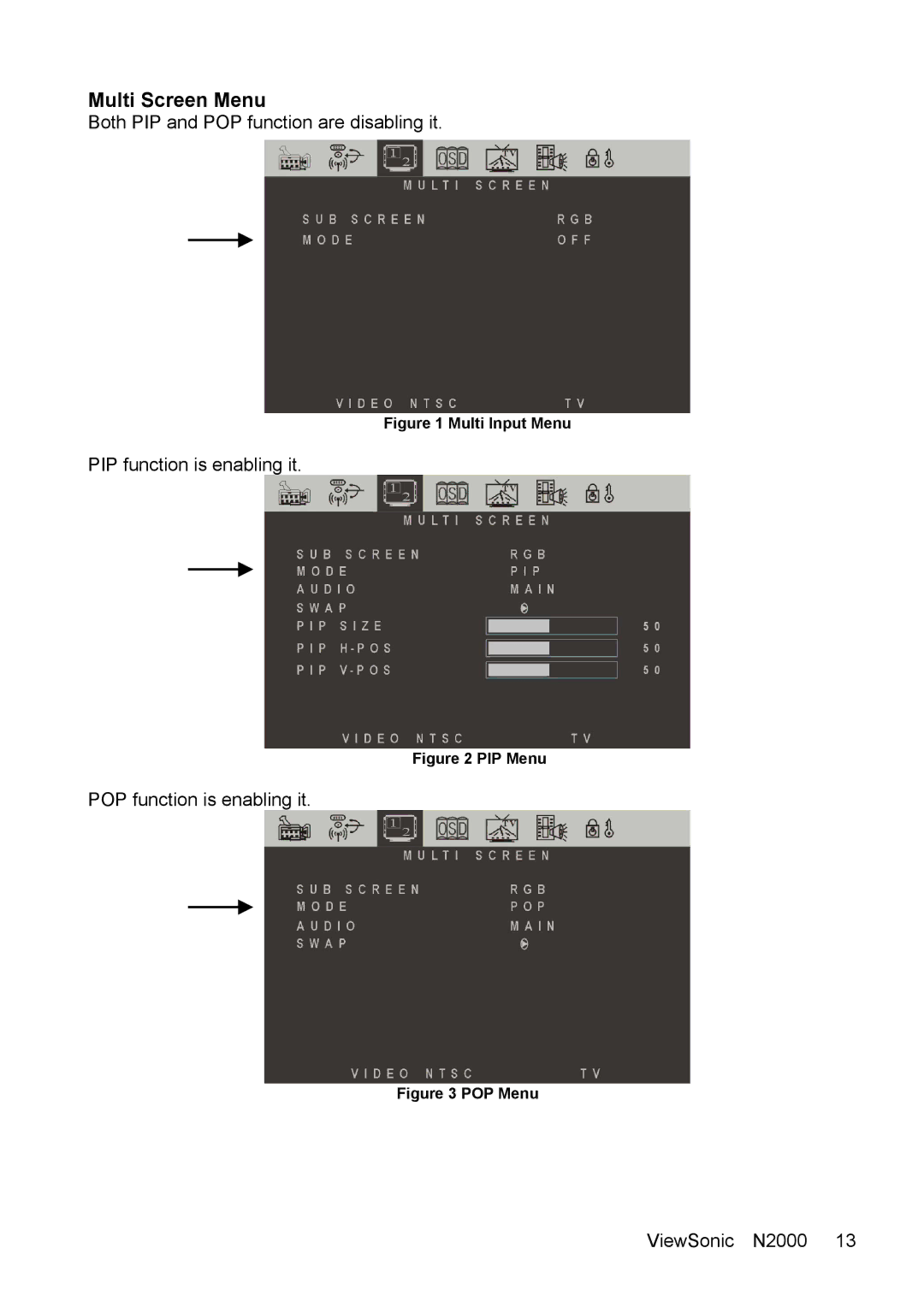 ViewSonic N2000 manual Multi Screen Menu, Multi Input Menu 