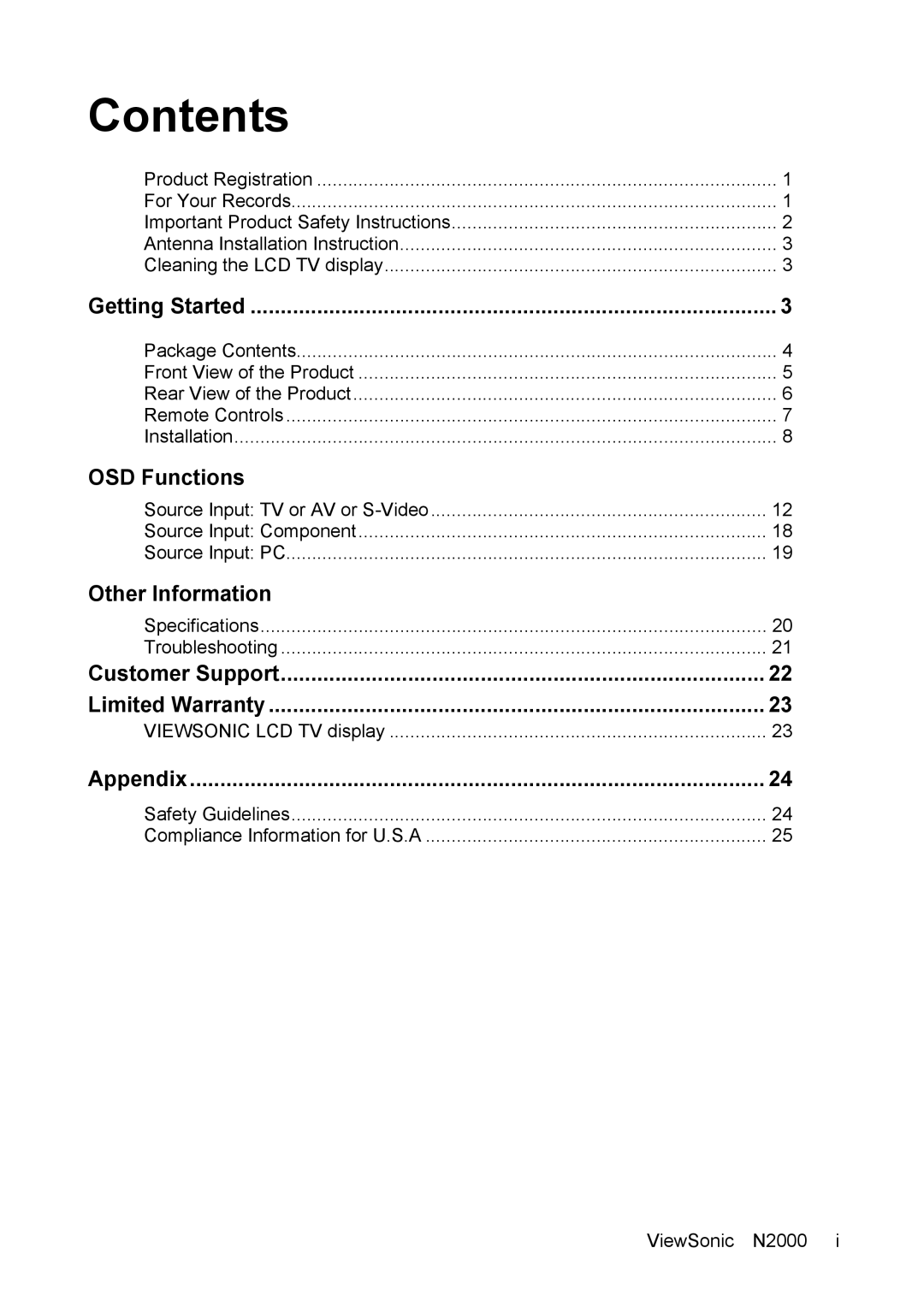 ViewSonic N2000 manual Contents 