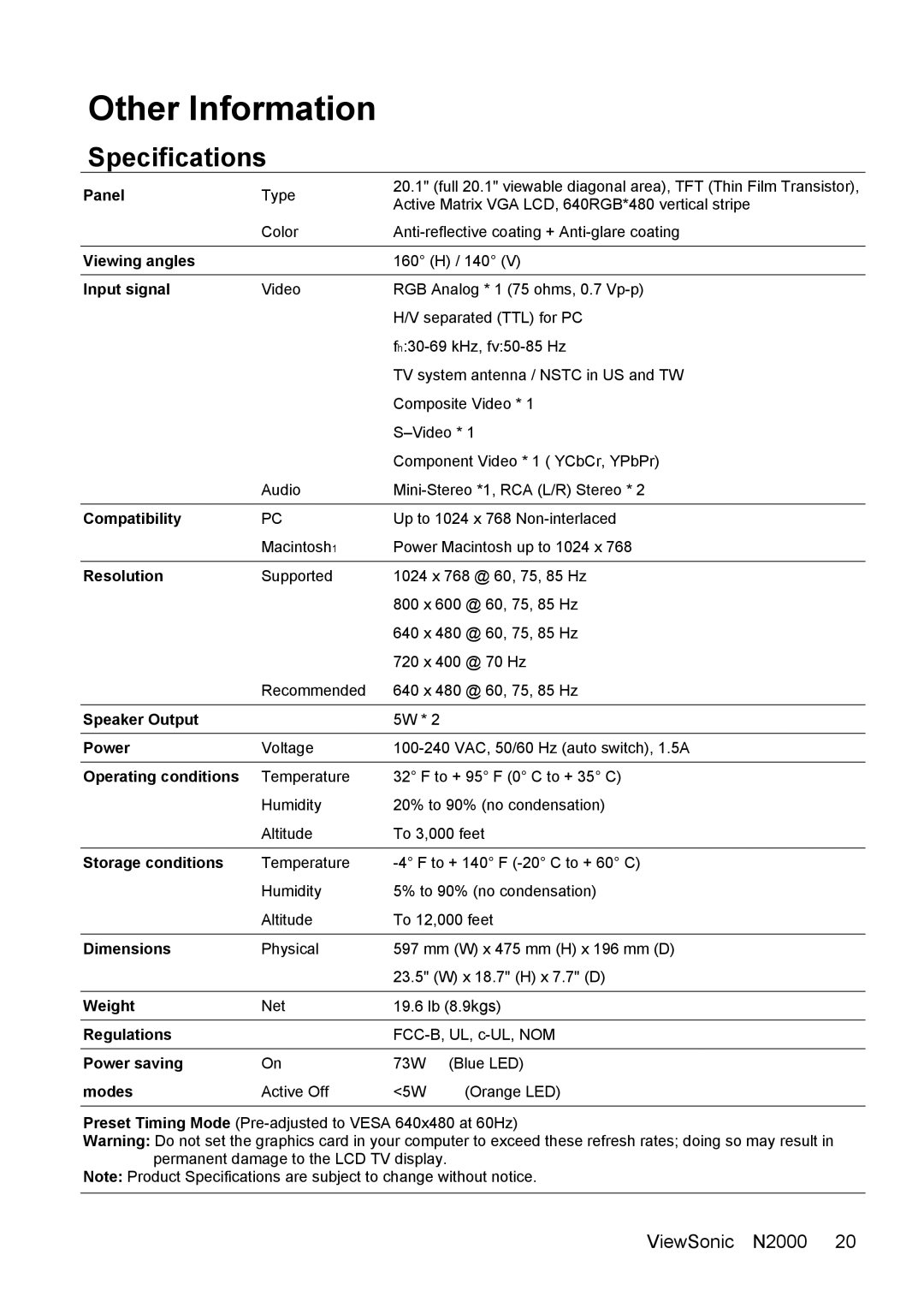 ViewSonic N2000 manual Other Information, Specifications 