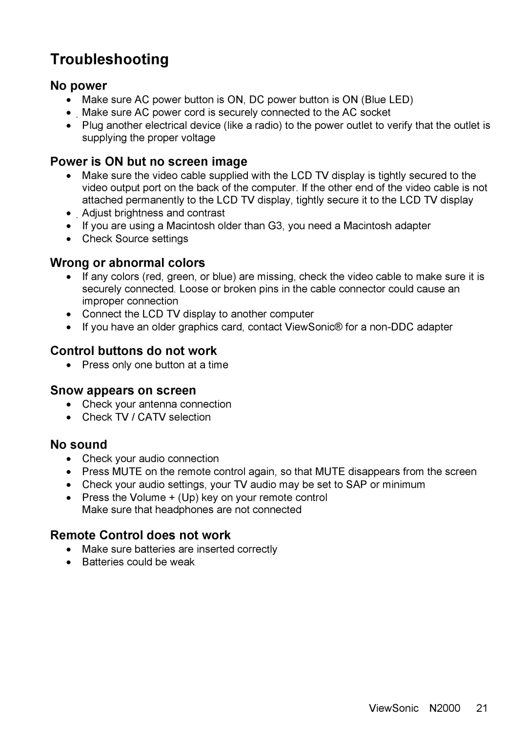 ViewSonic N2000 manual Troubleshooting 