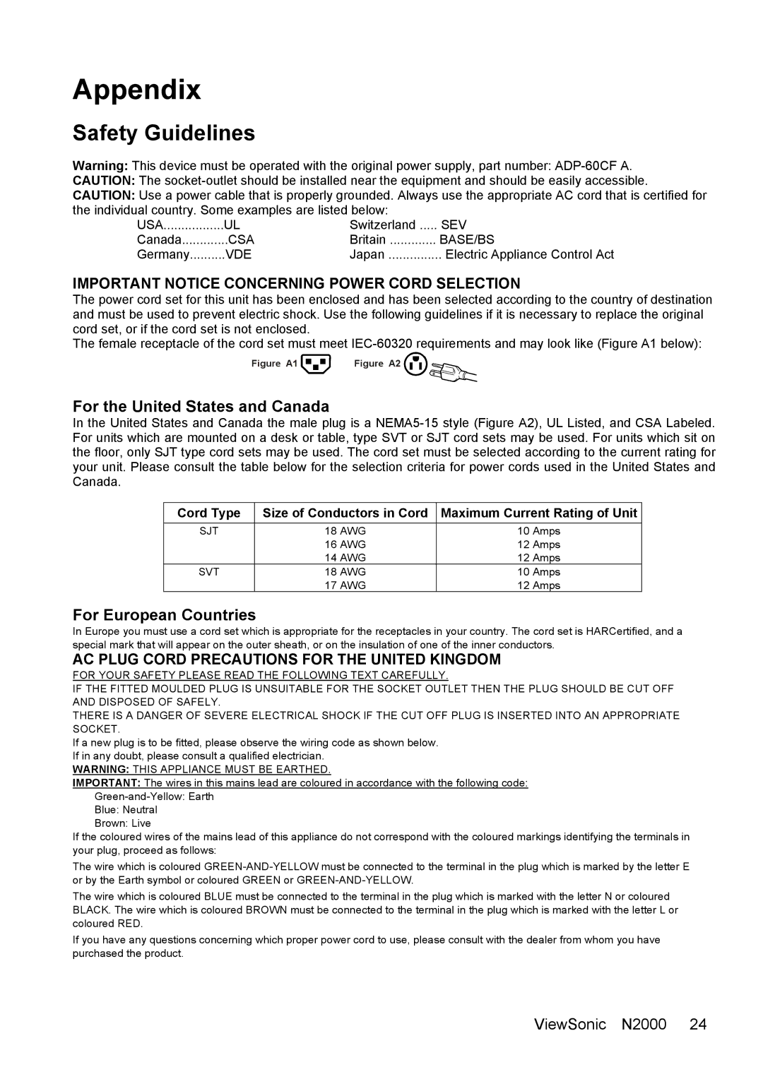 ViewSonic N2000 manual Safety Guidelines, For the United States and Canada, For European Countries 