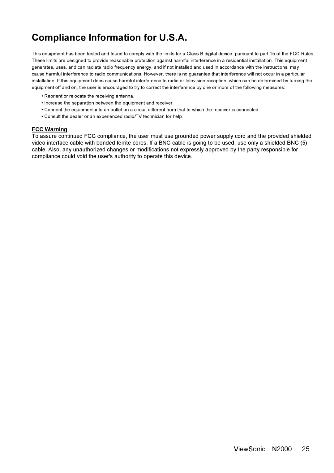 ViewSonic N2000 manual Compliance Information for U.S.A, FCC Warning 