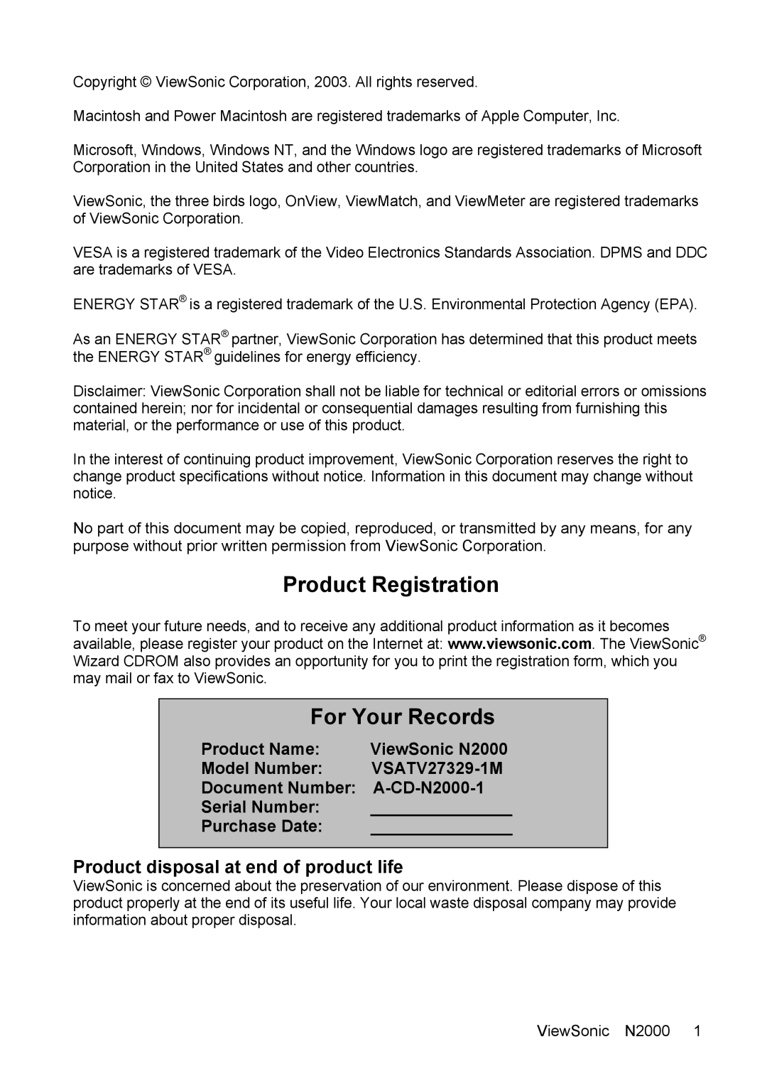 ViewSonic N2000 manual Product Registration For Your Records, Product disposal at end of product life 