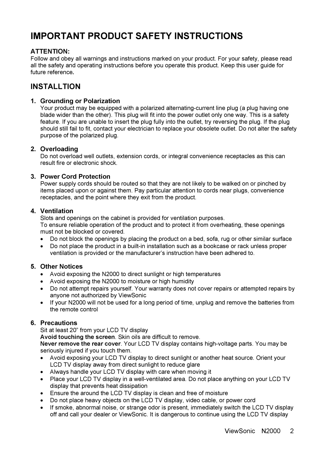 ViewSonic N2000 manual Important Product Safety Instructions 