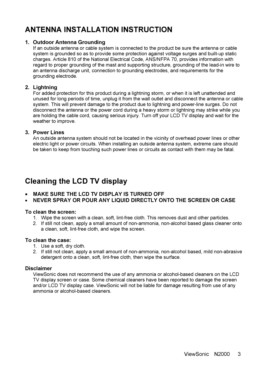 ViewSonic N2000 manual Antenna Installation Instruction, Cleaning the LCD TV display 