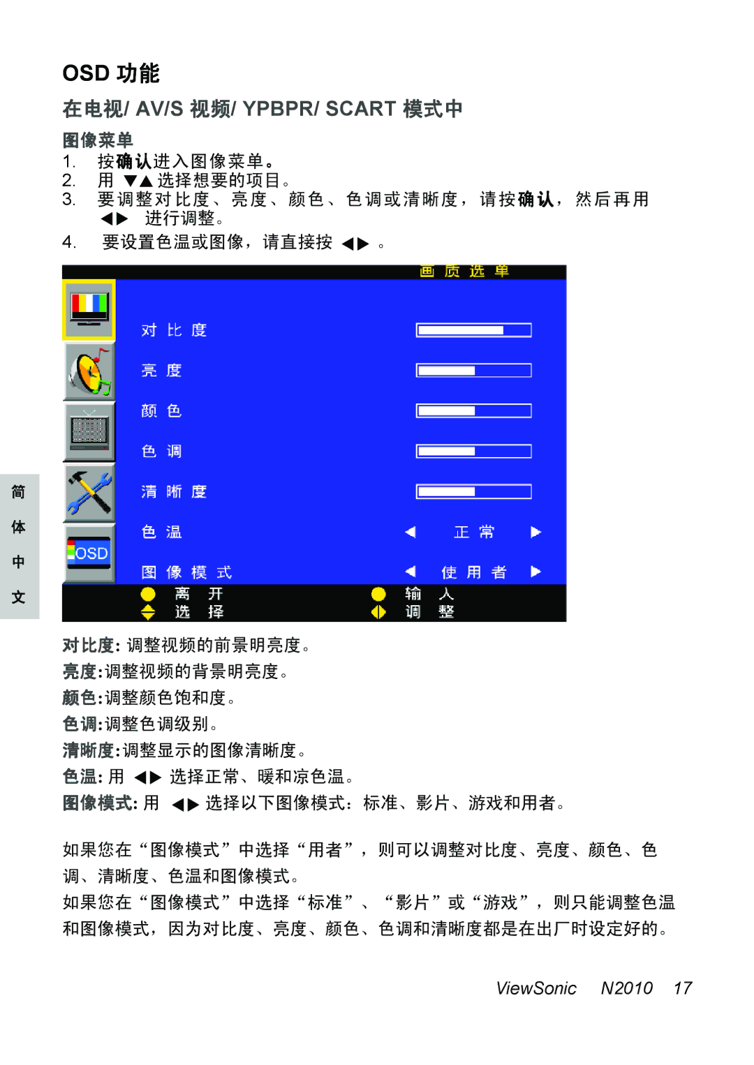 ViewSonic N2010 manual 在电视/ AV/S 视频/ YPBPR/ Scart 模式中, 图像菜单 