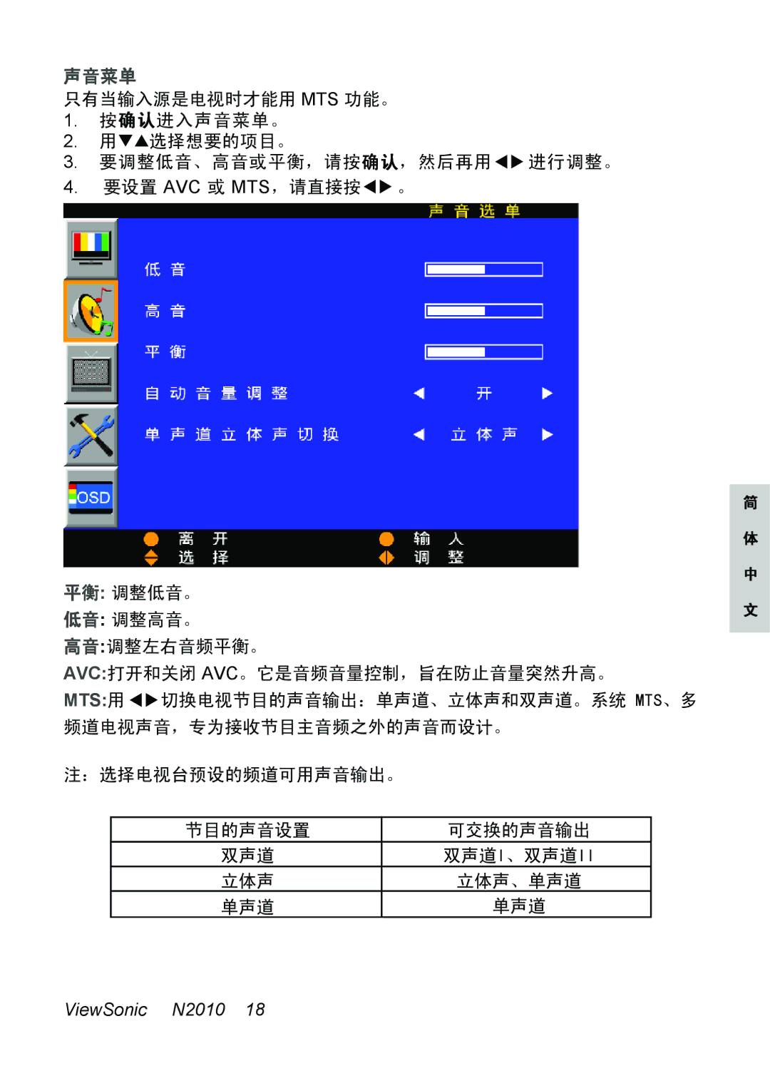 ViewSonic N2010 manual 声音菜单 