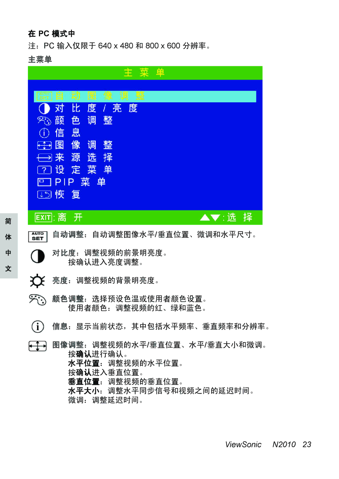 ViewSonic N2010 manual Pc 模式中, 主菜单, 按确认进入亮度调整。, 亮度：调整视频的背景明亮度。 