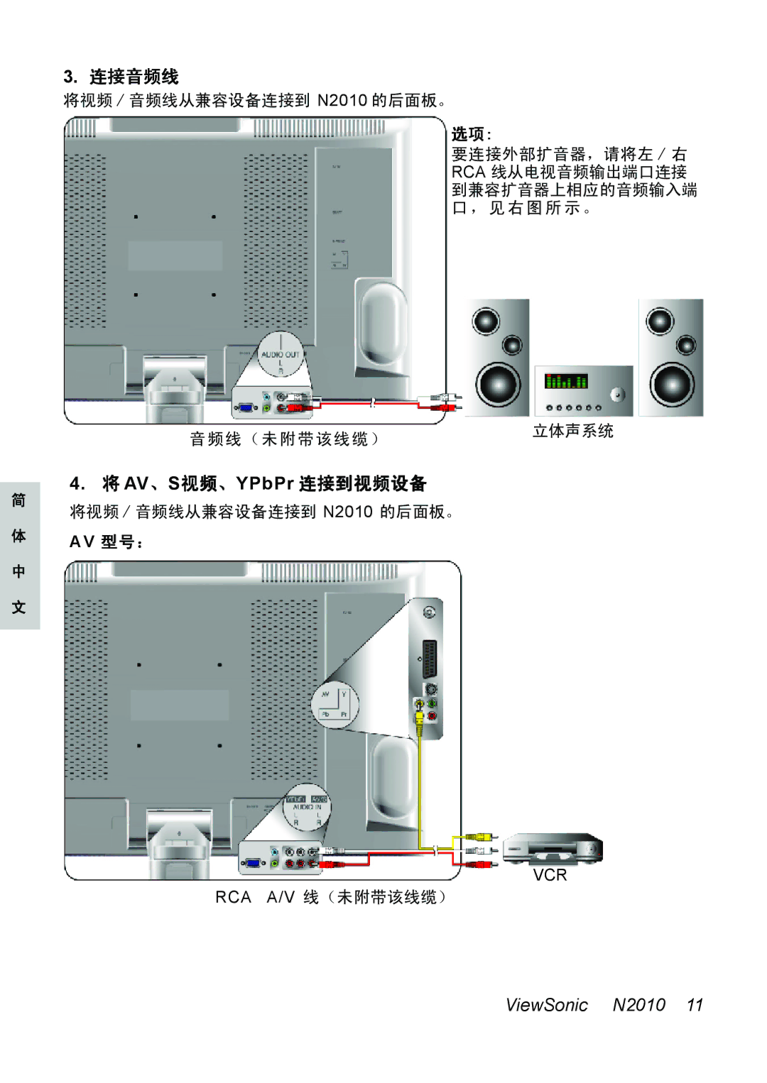 ViewSonic N2010 manual 连接音频线, AV、S视频、YPbPr 连接到视频设备 