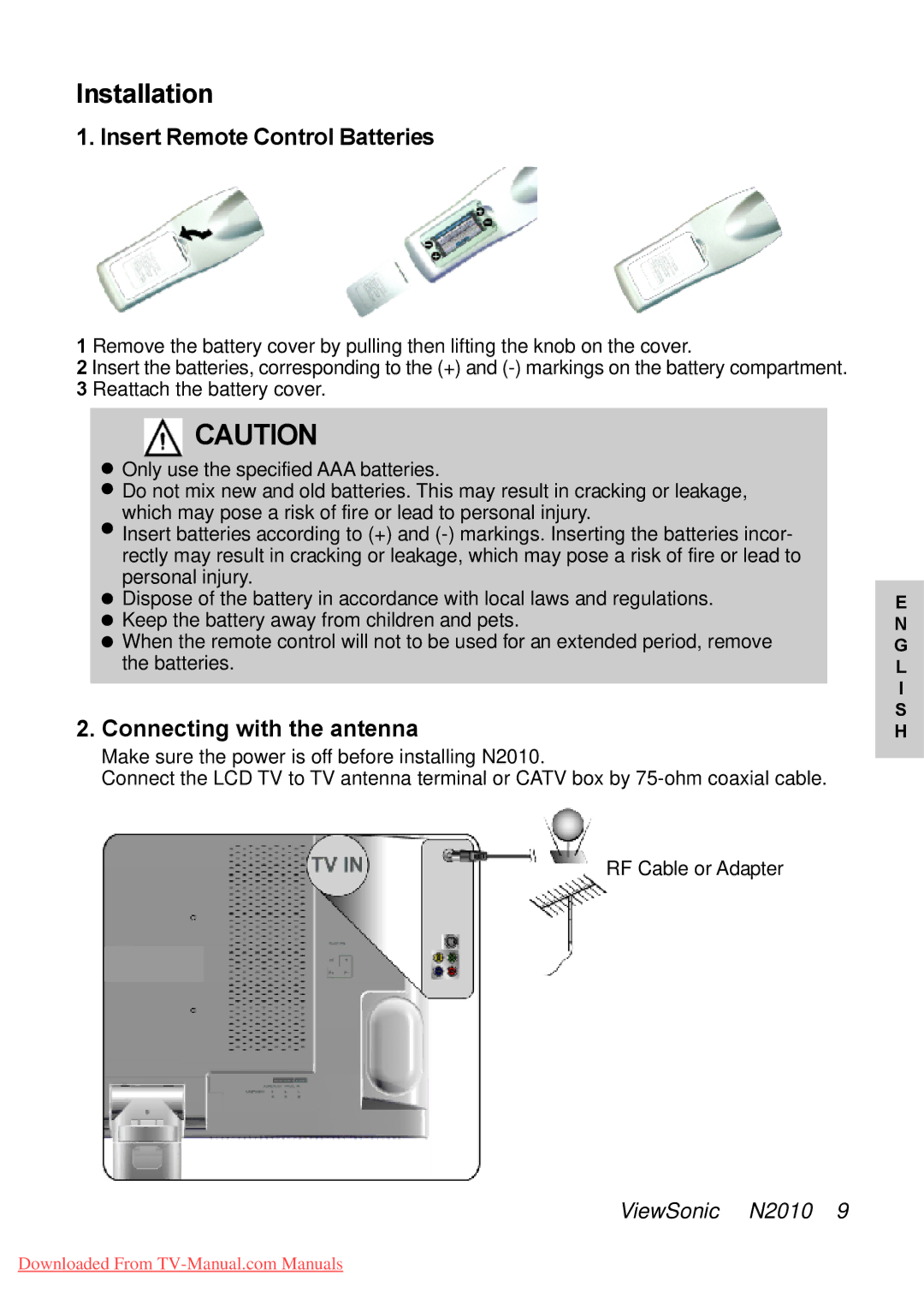 ViewSonic N2010 manual Installation, Insert Remote Control Batteries, Connecting with the antenna 