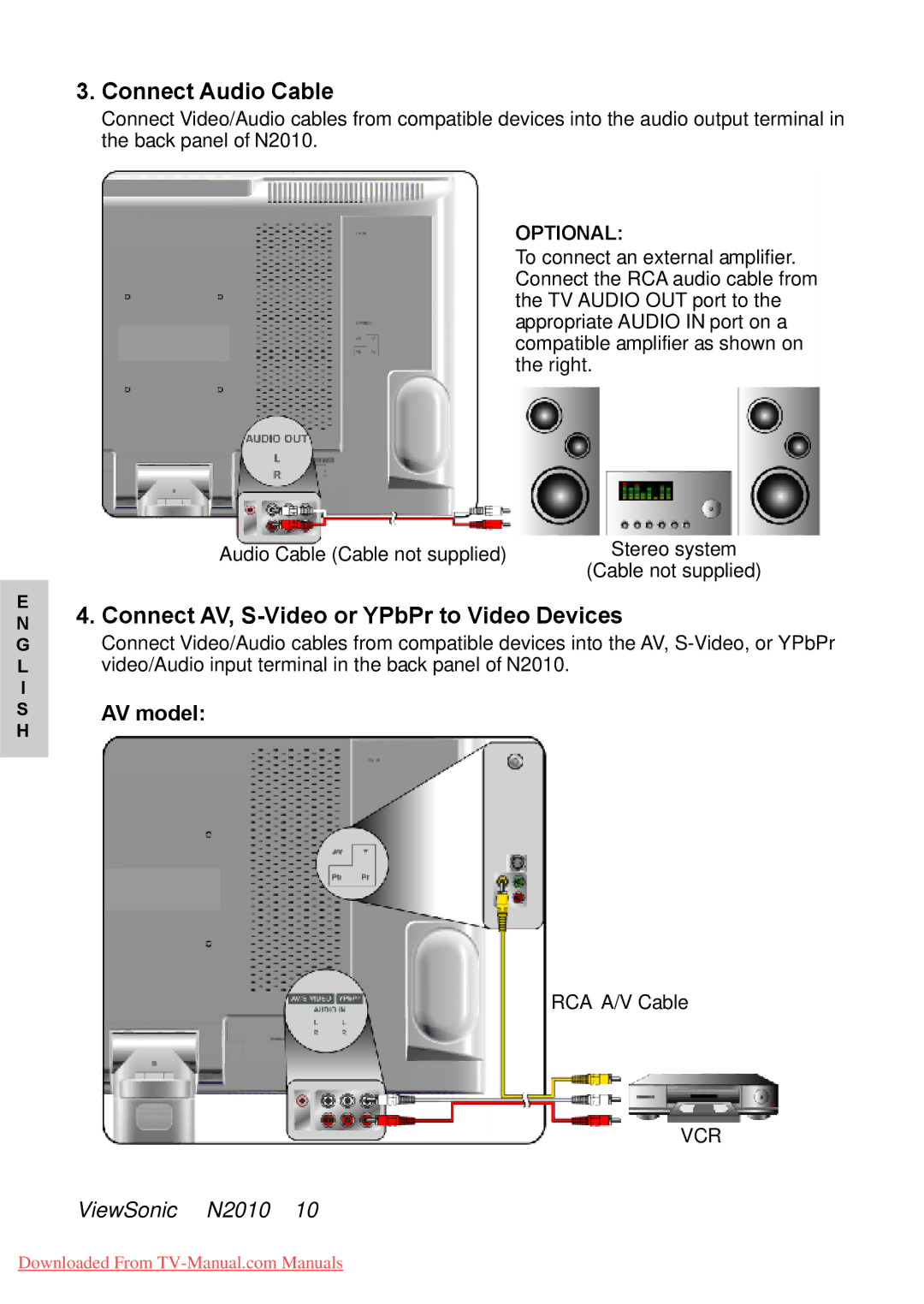 ViewSonic N2010 manual Connect Audio Cable, Connect AV, S-Video or YPbPr to Video Devices, AV model 