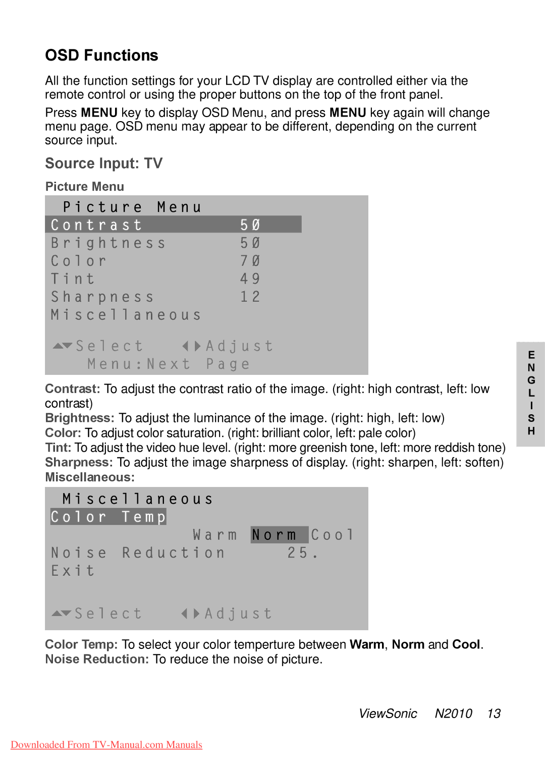 ViewSonic N2010 manual Source Input TV 