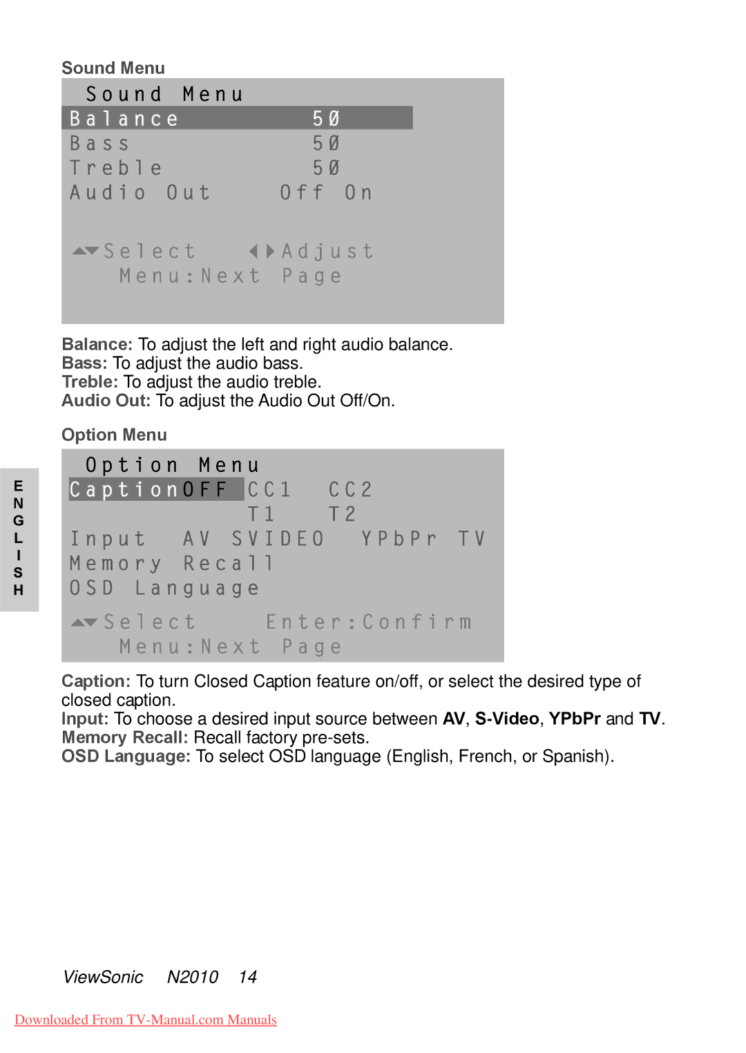 ViewSonic N2010 manual Sound Menu 