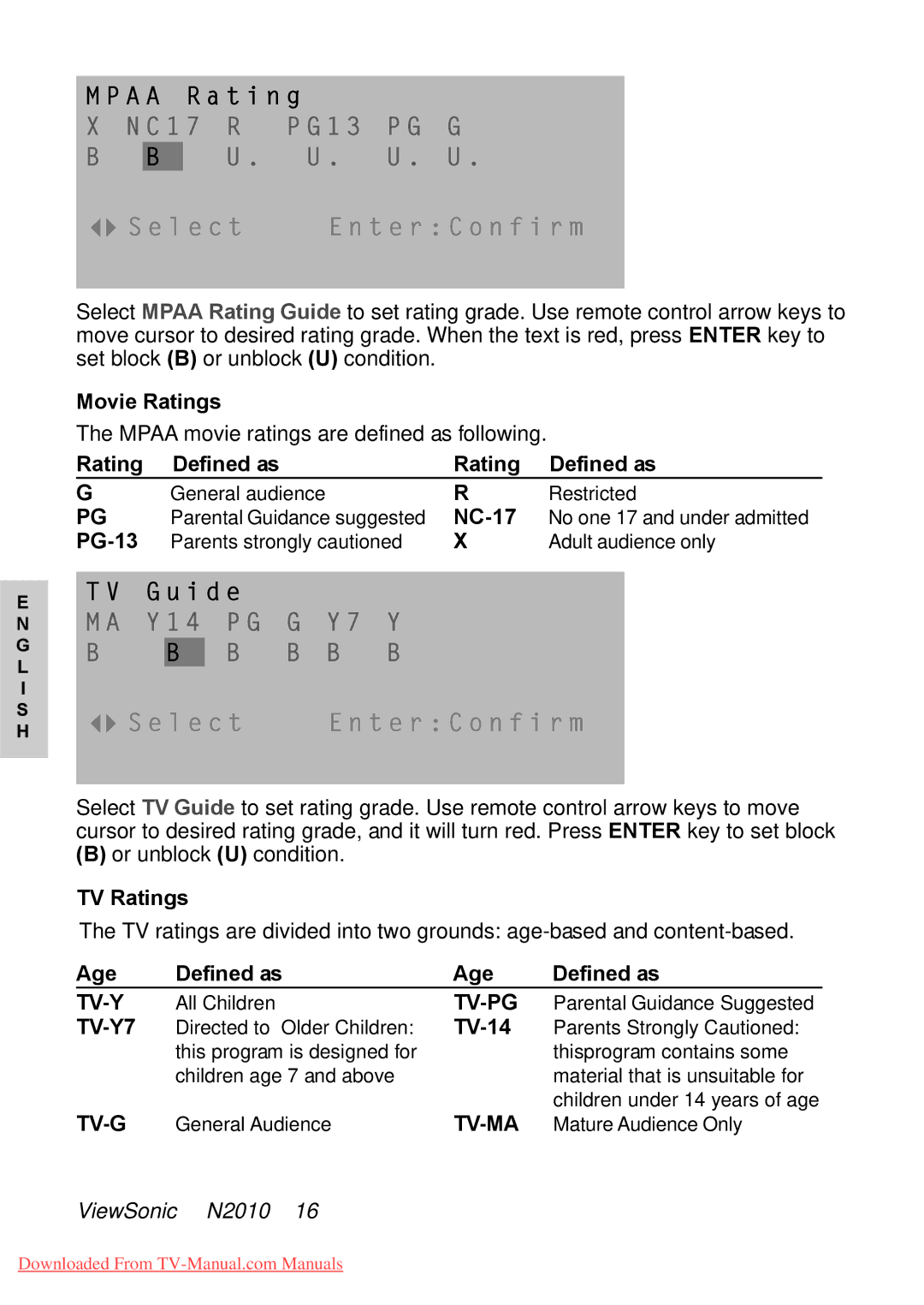 ViewSonic N2010 manual Movie Ratings, Rating Defined as, PG-13, TV Ratings, Age Defined as, TV-Y7, TV-14 