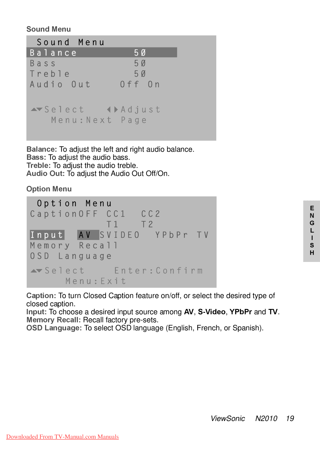 ViewSonic N2010 manual Sound Menu 